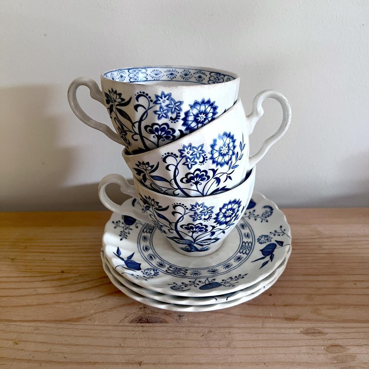 1970s Johnson Brothers Blue Nordic Teacup & Saucer Set of 3