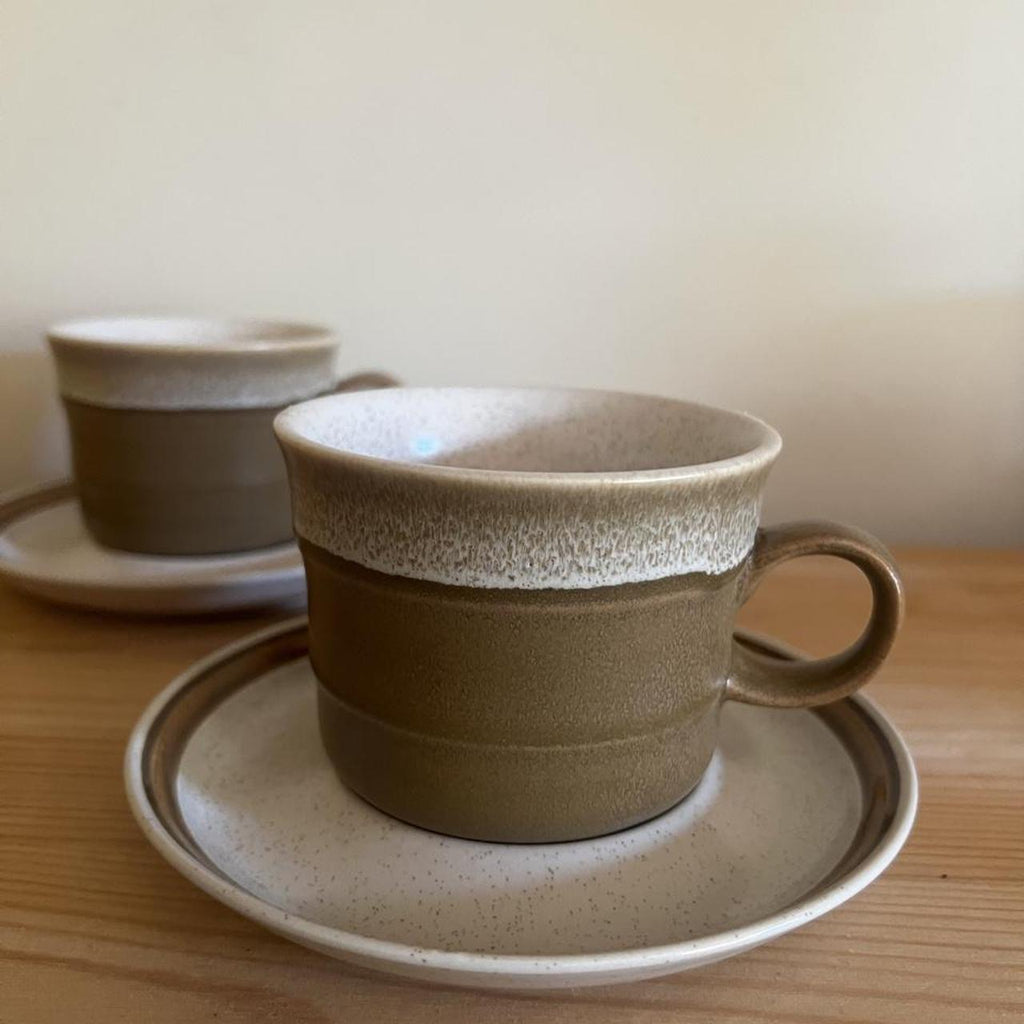 Vintage Country Manor J1000 Cups & Saucers | Made in Japan | 1970s Brown Stoneware Coffee Set | Pair of 2