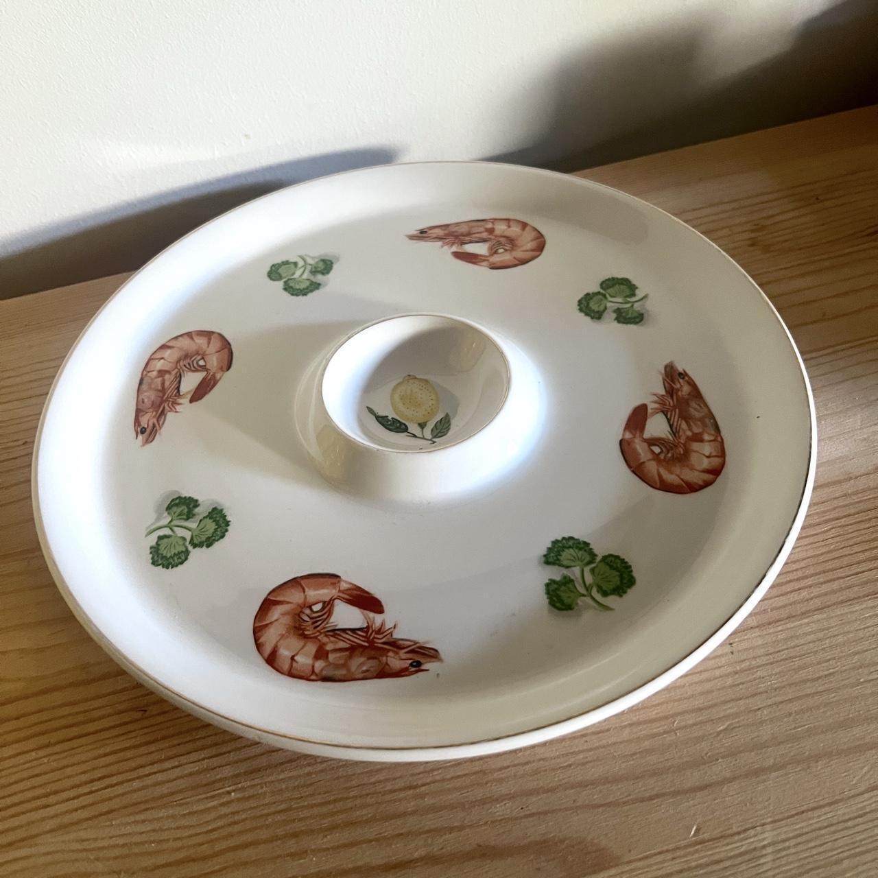 Vintage Japanese Prawn Serving Platter | Ideal Ironstone Ware | 1970s Seafood Serving Plate with Centre Sauce Well | Made in Japan