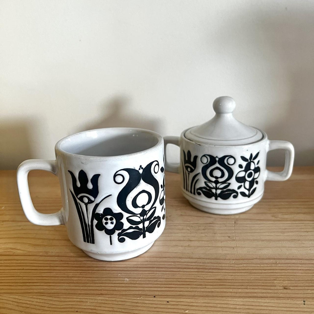 National Silver Company stoneware mug and lidded sugar bowl, made in Japan