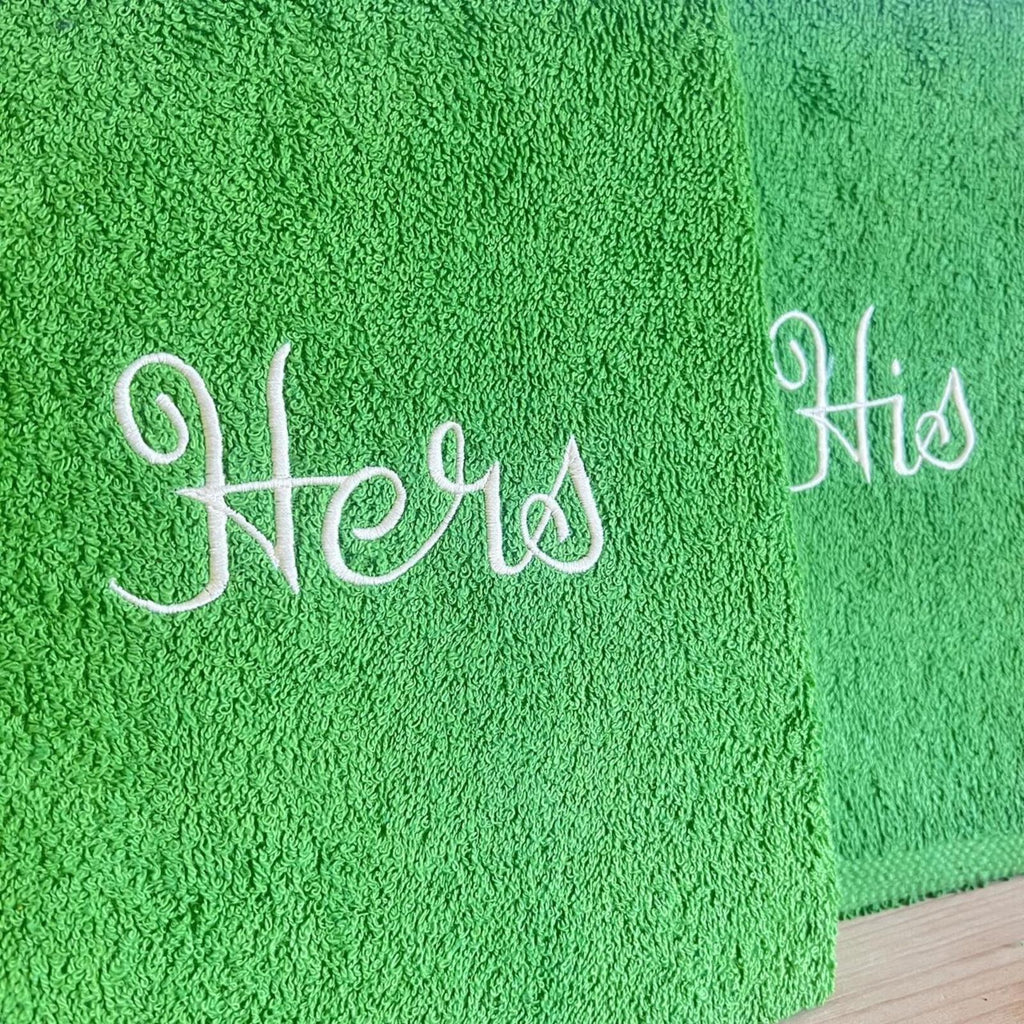 vintage adex “his & hers” towel set in bright green