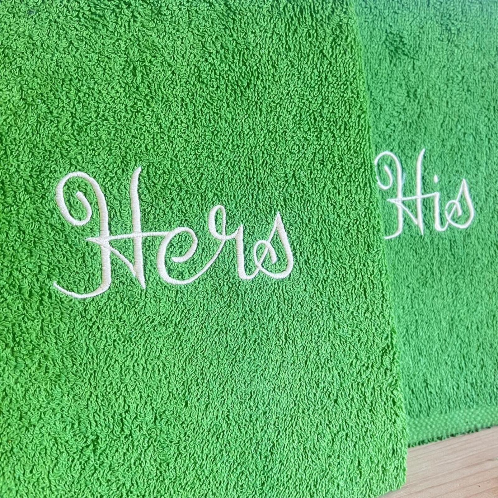 vintage adex “his & hers” towel set in bright green