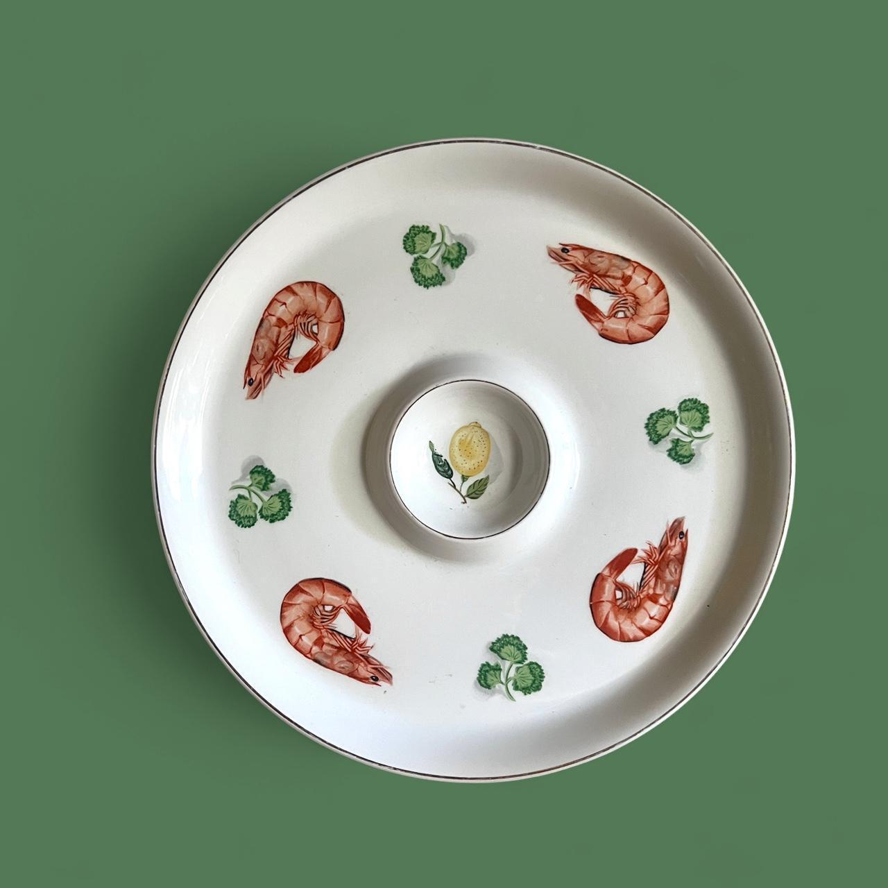Vintage Japanese Prawn Serving Platter | Ideal Ironstone Ware | 1970s Seafood Serving Plate with Centre Sauce Well | Made in Japan