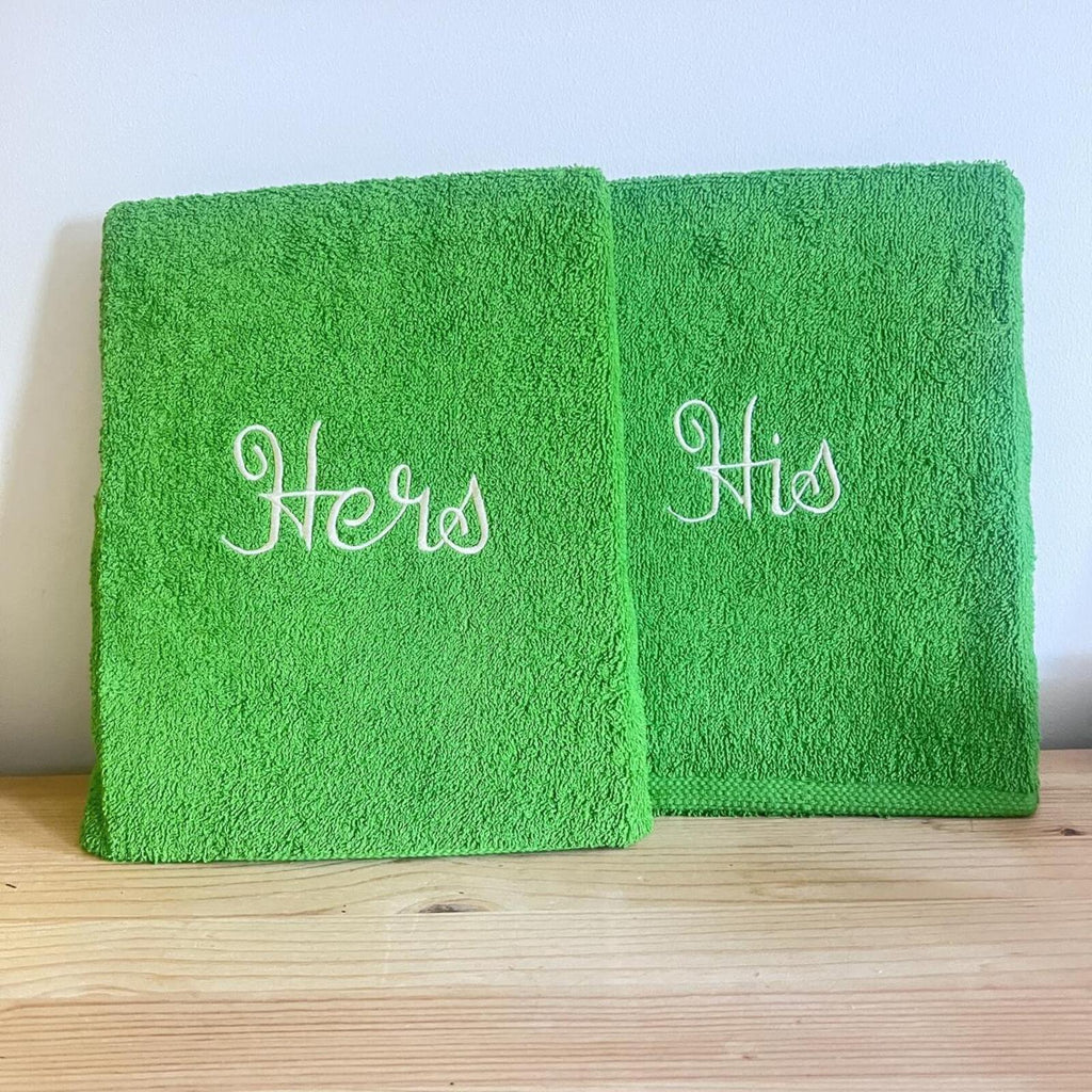 vintage adex “his & hers” towel set in bright green
