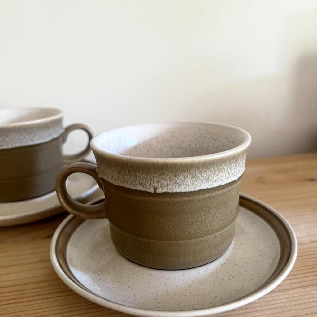 Vintage Country Manor J1000 Cups & Saucers | Made in Japan | 1970s Brown Stoneware Coffee Set | Pair of 2