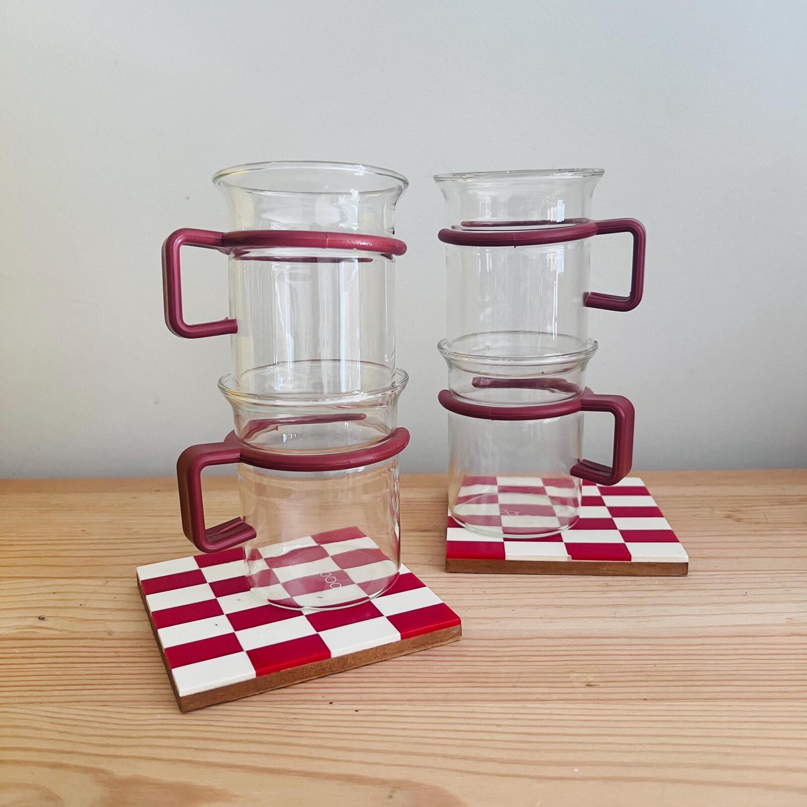 Bodum Glass Coffee Mugs Set of 4, Vintage Danish Design, Red Handle, Minimal Glass Cups