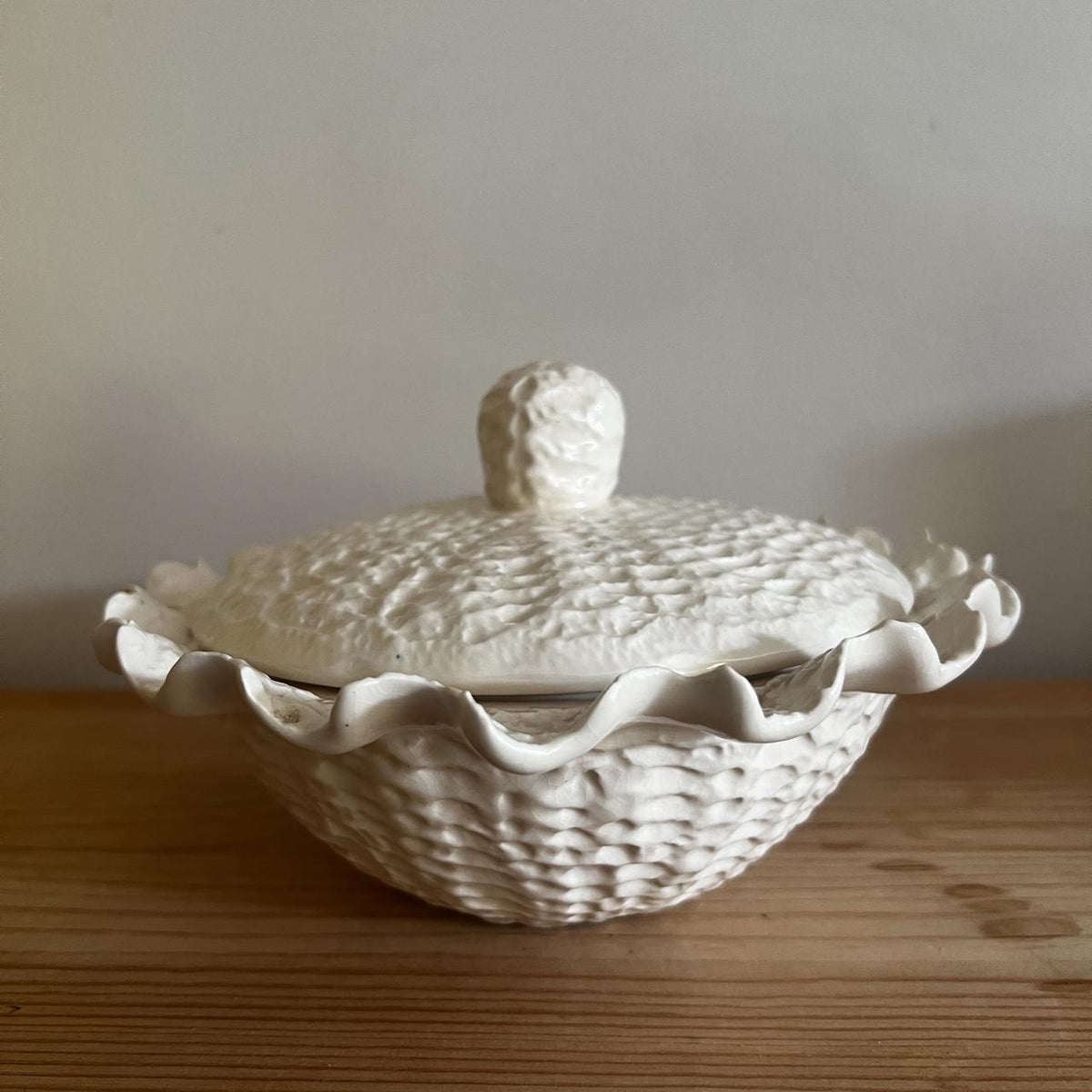 White Crochet Ceramic Covered Bowl