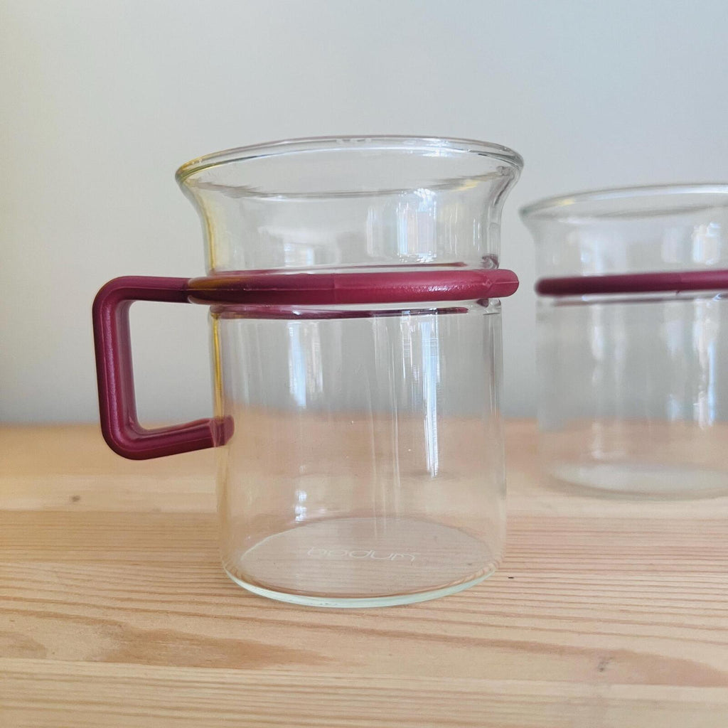 Bodum Glass Coffee Mugs Set of 4, Vintage Danish Design, Red Handle, Minimal Glass Cups