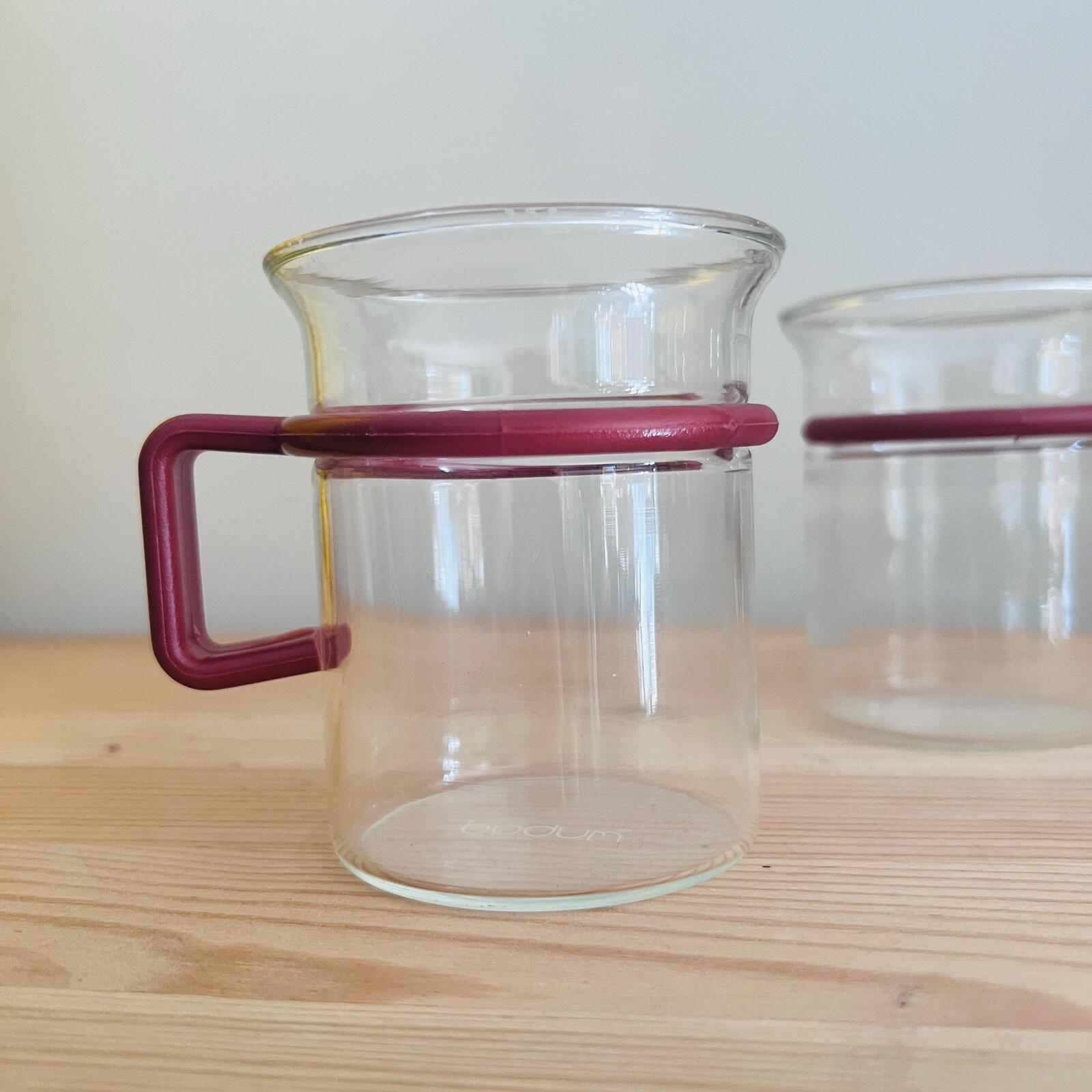 Bodum Glass Coffee Mugs Set of 4, Vintage Danish Design, Red Handle, Minimal Glass Cups