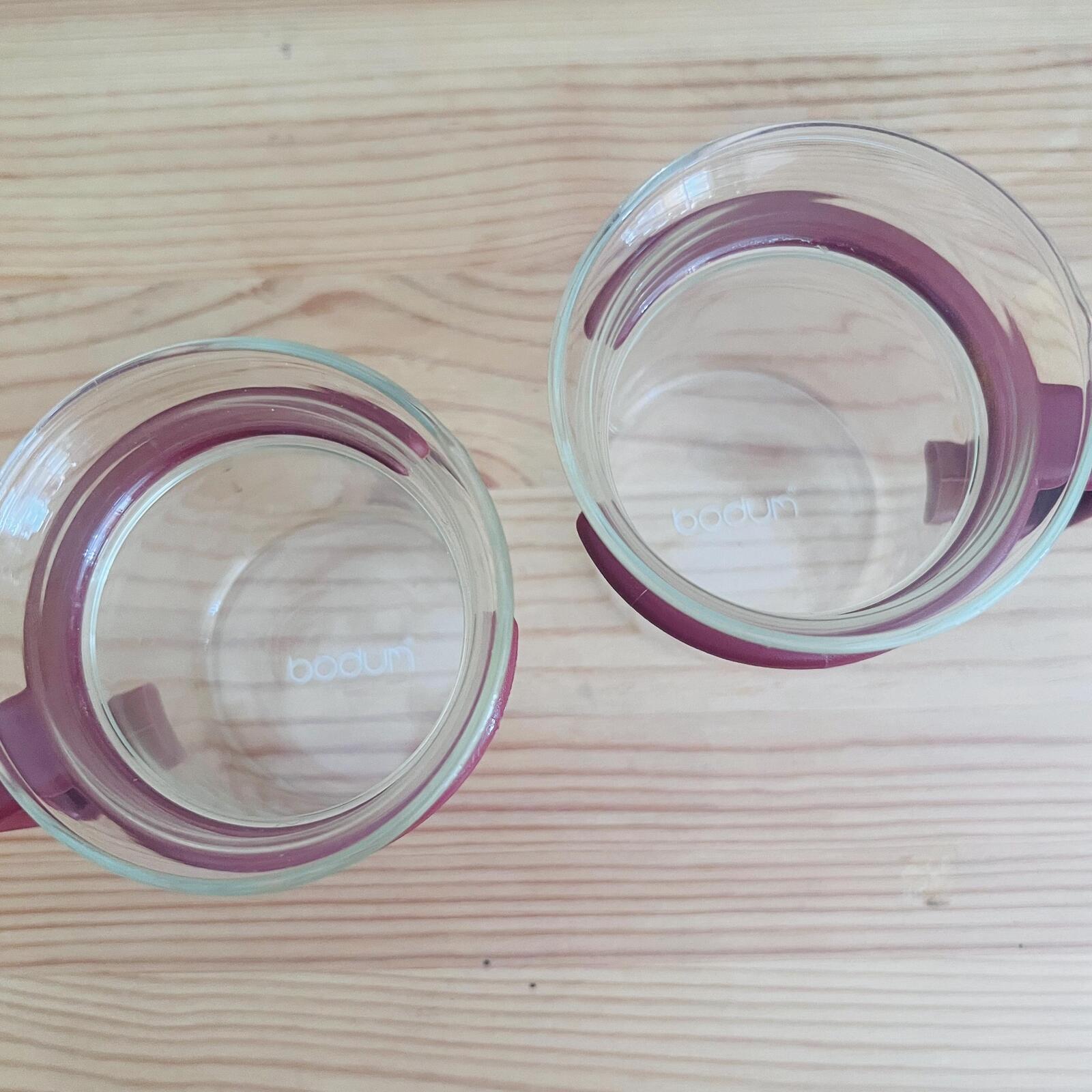 Bodum Glass Coffee Mugs Set of 4, Vintage Danish Design, Red Handle, Minimal Glass Cups